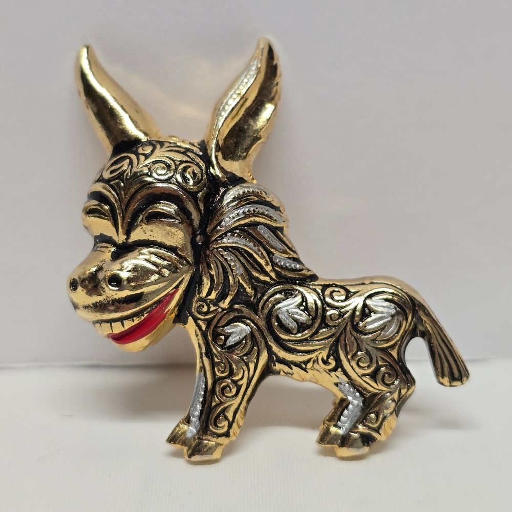 Vintage Damascene Laughing Donkey Brooch Pin Black Gold Silver Toledo Spain